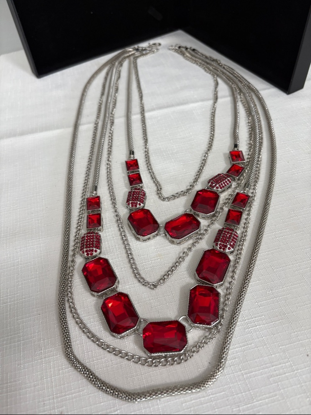 Layered Silver like  Necklace with Red Gem Accents